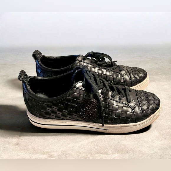Brighton Ferrara Monte Leather Sneakers Black Woven Sz 9M Ret $235 Padded Comfy - Picture 2 of 8